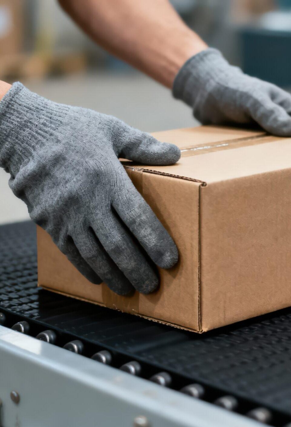 Warehouse worker hands holding cardboard box on conveyor belt. Industrial packaging and shipping logistics concept Warehouse worker hands holding cardboard box on conveyor belt. Industrial packaging and shipping logistics concept